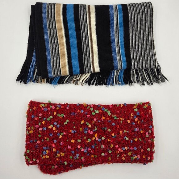 Two scarves Wool Red hand made, Blue striped - Picture 1 of 9